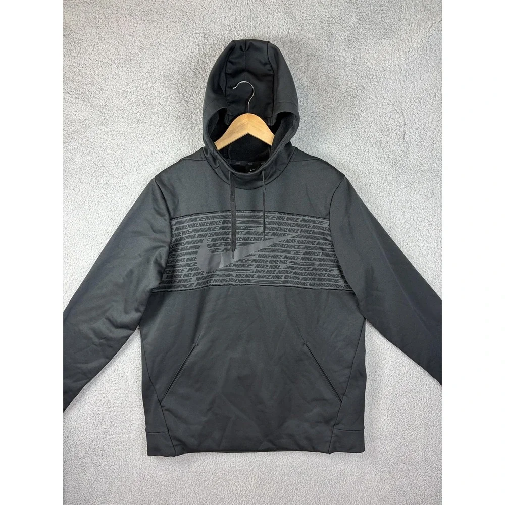 Nike Hoodie Mens Large Black Dri-FIT Graphic Pullover Zipper Pockets Sweatshirt